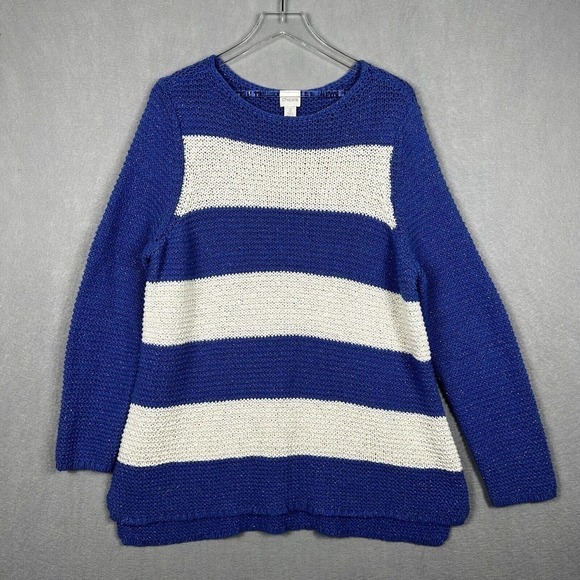Chico's Sweater Top Size 3/XL Blue Striped Metallic Gold Open Knit Pullover - Picture 1 of 13